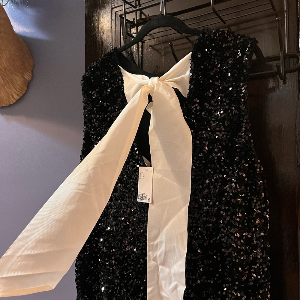 H&M Black Sequin Dress with White Bow NWT